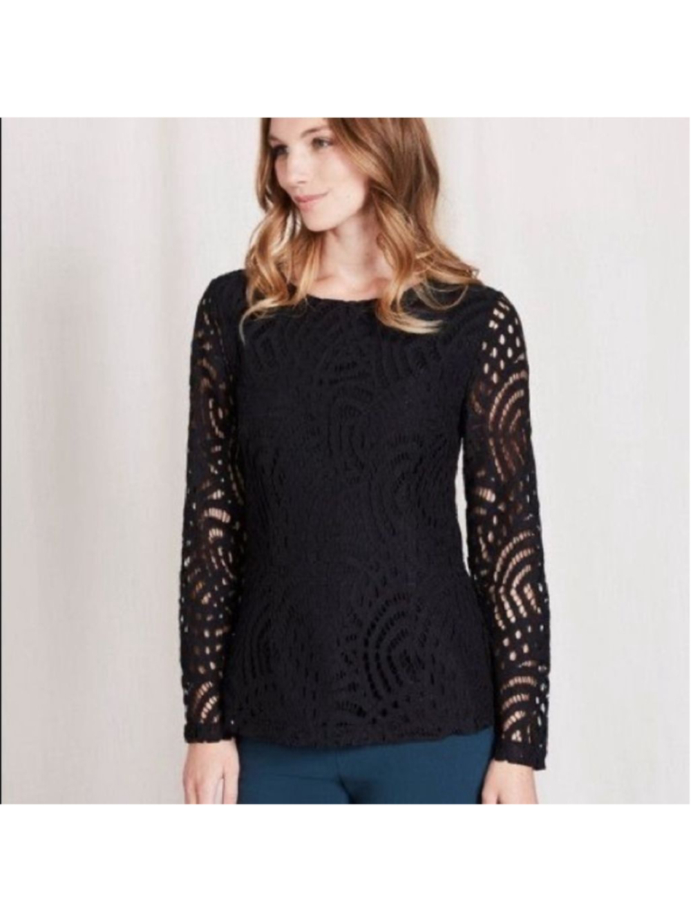 BODEN Zeta Black Long Sleeve Lace Pinte Top Size 2